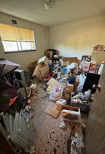 cluttered room filled with boxes, trash, and disorganized items, natural light coming from window