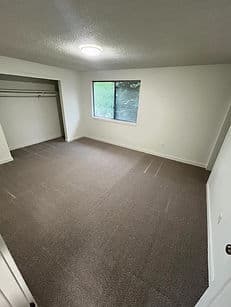 Spacious empty room with carpet, large window, and closet for storage. Ideal for decor.